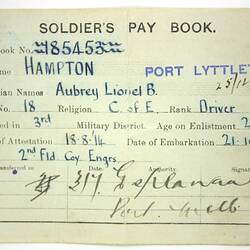 Page - Pay Book, Aubrey Lionel B. Hampton, 25 Dec 1918