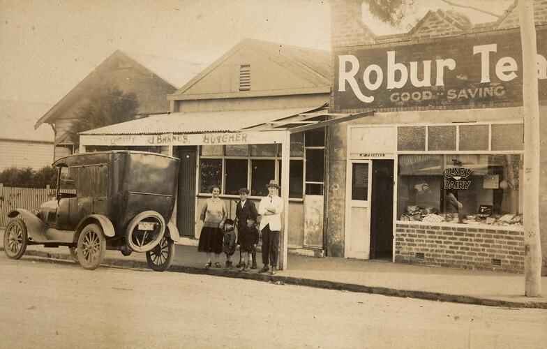 Digital Photograph - Family Outside Colney's Butcher & Dairy Shop, Footscray West, circa 1920