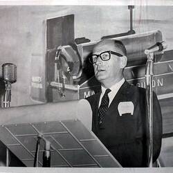 Studio Proof - Massey Ferguson,  HP Weber Speaking at the Official Opening of the Sunshine Foundry, Sunshine, Victoria, 1967