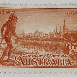 Stamp - 2 Pence, 100th Anniversary of the Colonization of Victoria, Australia, 1934