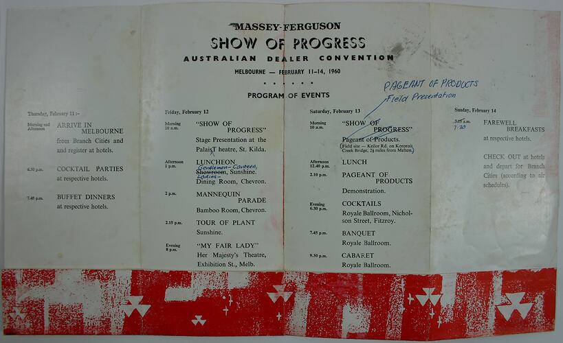 Draft Program - 'Show of Progress', Australian Dealer Convention, Massey Ferguson, 1960