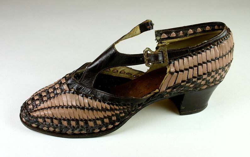 Shoe - Pink and Brown Leather Basketweave 1930s-1940s