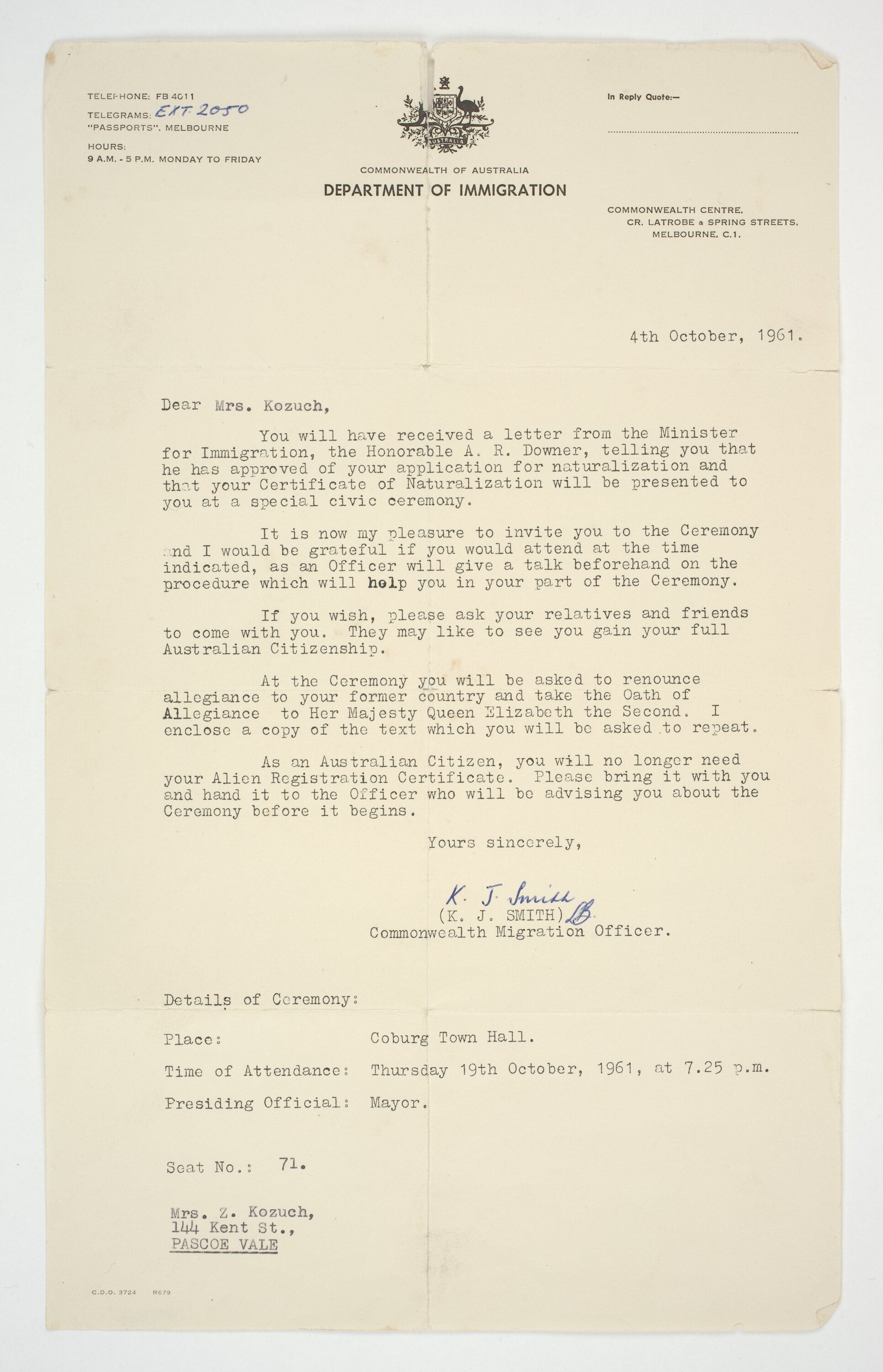 Letter Naturalization Ceremony Kj Smith Commonwealth Migration Officer To Zofia Kozuch 4 Oct 1961 Letter Naturalization Ceremony Kj Smith Commonwealth Migration Officer To Zofia Kozuch 4 Oct 1961