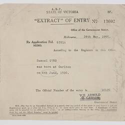 Certificate - Extract of Entry, Victorian Government, 24 May 1955