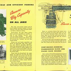 Two page spread from a booklet about agricultural equipment.