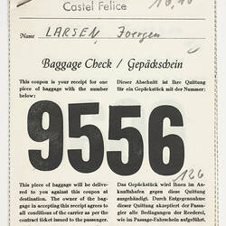 Baggage Check Receipt - Castel Felice [Larsen "9556"]