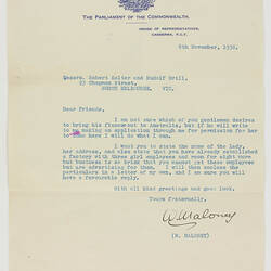 Letter - Parliament of the Commonwealth to Robert Salter and Rudolph Brill, 8th Nov, 1938