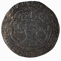 Coin, round, a crowned bust of the King facing with a pellet to the left of the crown; text around.