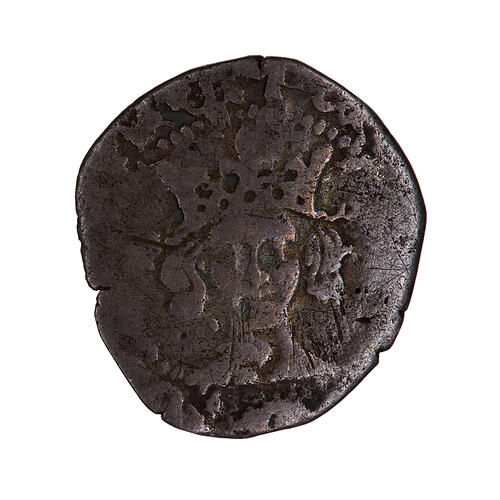 Coin, round, almost oval because of clipping; crowned bust of the King facing within a circle of beads.