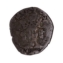 Coin, round, almost oval because of clipping; crowned bust of the King facing within a circle of beads.