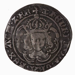 Coin, round, a crowned bust of the King facing, the crown has the outer arch jewelled; text around.