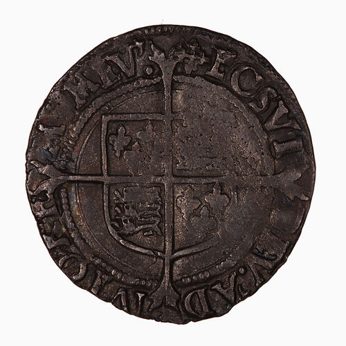 Coin, round, Within a bead circle a plain square top shield quartered with arms of France and England.
