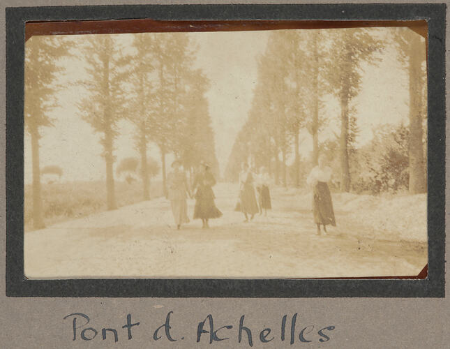 Group of five woman walking on a three lined dirt road.