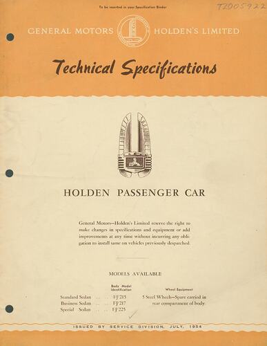 Technical Specifications - General Motors-Holden's Ltd, FJ Series 'Holden Passenger Car', 1954