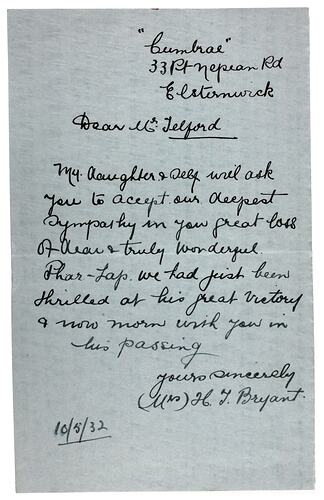 Letter - Bryant to Telford, Phar Lap's Death, 10 May 1932