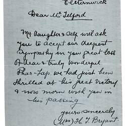 Letter - Bryant to Telford, Phar Lap's Death, 10 May 1932