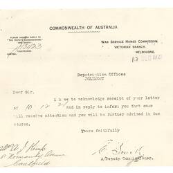 Letter - War Service Homes Commission to Mrs A. J. Kemp, Acknowlegement of Letter, 13 Dec 1921