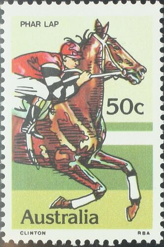 Postage stamp, race horse and jockey.