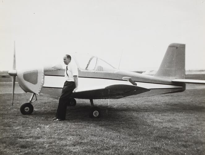 Photograph - Henry Millicer with Airtourer VH-FMM Prototype, Moorabbin Airport, Victoria, 1959