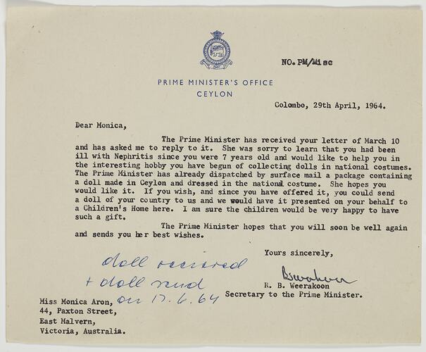 Letter - R.B. Weerakoon to Monica Aron, Request for National Doll, Colombo, 29 Apr 1964
