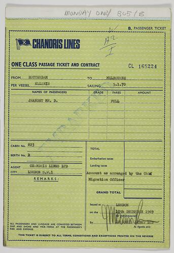 Passenger Contract Ticket - Issued to Dennis Jeandet, Chandris Lines
