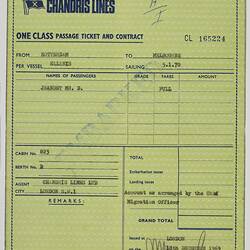 Passenger Contract Ticket - Issued to Dennis Jeandet, Chandris Lines, 1969
