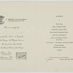 Menu - Orient Line, SS Orontes, Dinner, 'At the Equator'
