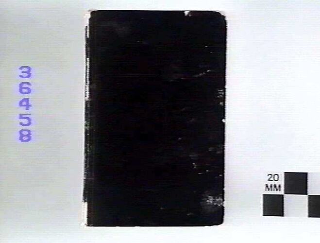 Black book cover, back view.