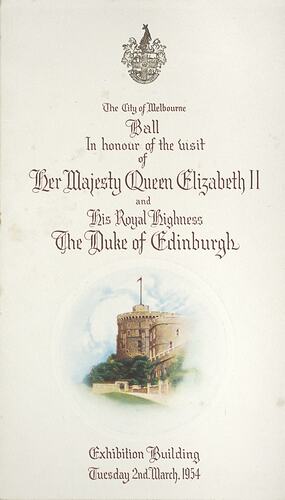 White programme with dark cursive printing and image of castle.