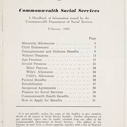 Booklet - 'Social Services of the Commonwealth', Department of Social Services, circa 1955, contents page