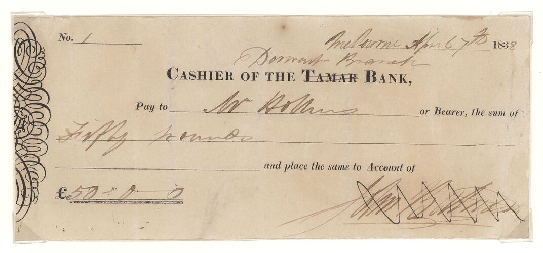 Cheque - John Batman, Tamar Bank, Derwent Branch, Victoria, Australia, 1838