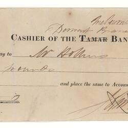 Cheque - John Batman, Tamar Bank, Derwent Branch, Victoria, Australia, 7 Apr 1838