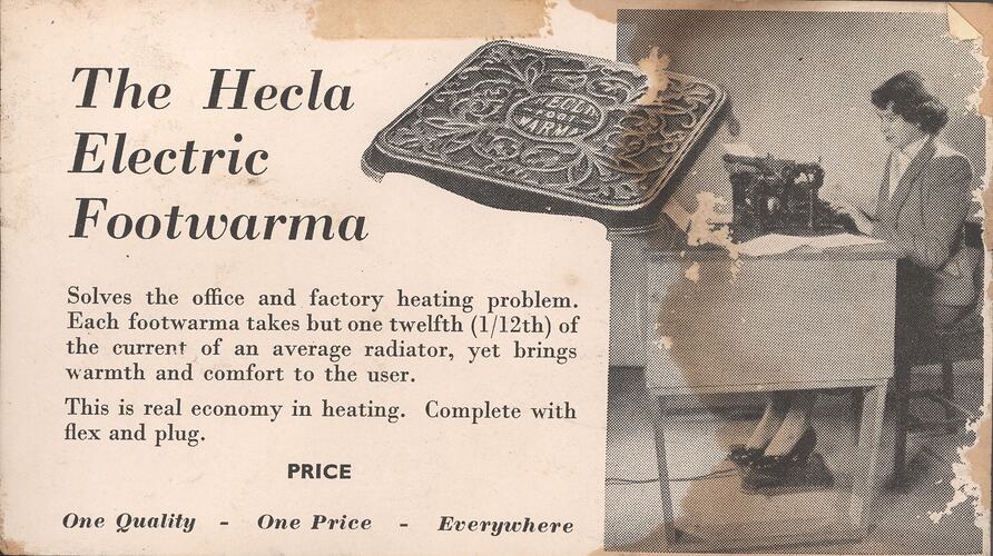 Postcard - 'Foot Warma', Electric Foot Warmer, Hecla Electrics Pty Ltd, South Yarra, 1927elbourne, Victoria, Australia, 1838