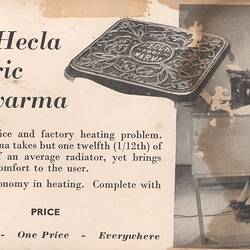 Postcard - 'Foot Warma', Electric Foot Warmer, Hecla Electrics Pty Ltd, South Yarra, 1927