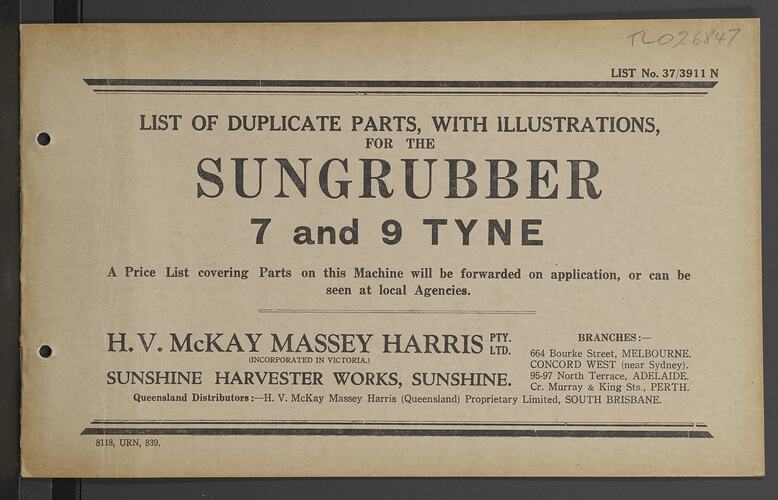 Parts List - H.V. McKay Massey Harris, 'Sungrubber 7 and 9 Tyne', 1939