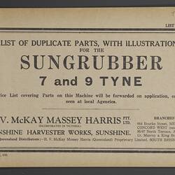 Parts List - H.V. McKay Massey Harris, 'Sungrubber 7 and 9 Tyne', 1939
