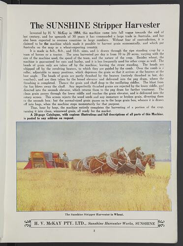 Catalogue - H.V. McKay, Stripper Harvester, circa 1925