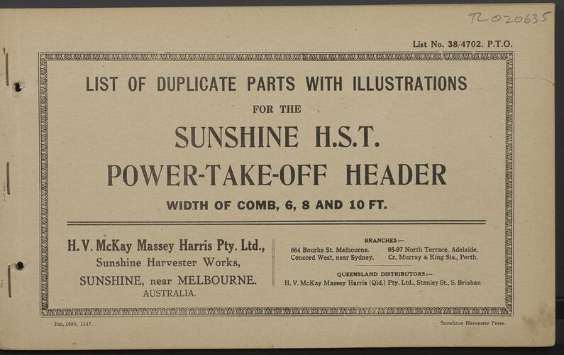 Parts List - H.V. McKay Massey Harris, 'Sunshine H.S.T Power-Take-Off Header', 1947