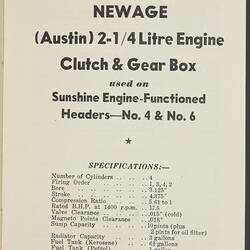 Service Manual - H.V. McKay Massey Harris, NEWAGE, (AUSTIN) 2 1/4 litre Engine, Clutch & Gear Box, Headers, circa 1954