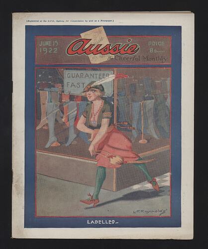 "Aussie" magazine showing an illustration of a girl dashing around a corner.