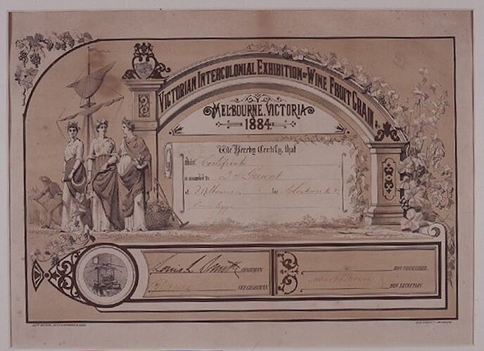 Certificate - Intercolonial Exhibition of Wine Fruit Grain, Awarded to Thomas Gaunt, 1884