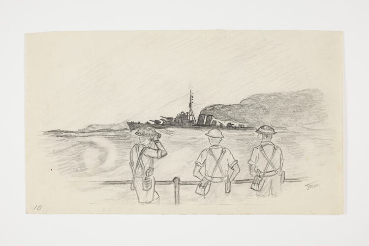 Drawing of three soldiers overlooking a ship and coastline on off-white paper.