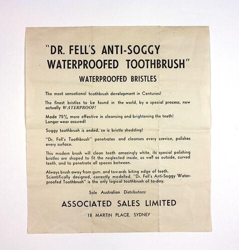 Flyer - 'Dr Fell's Anti-Soggy Waterproofed Toothbrush', circa 1934