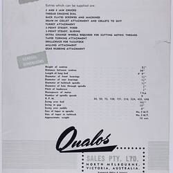 Trade Literature - Qualos Sales Pty Ltd, Lathes, 1950