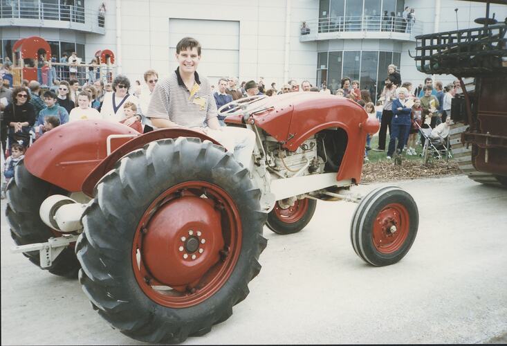 Photograph - Roger Cummins on a Tractor, Scienceworks Opening Ceremony, Spotswood, Victoria, 28 Mar 1992