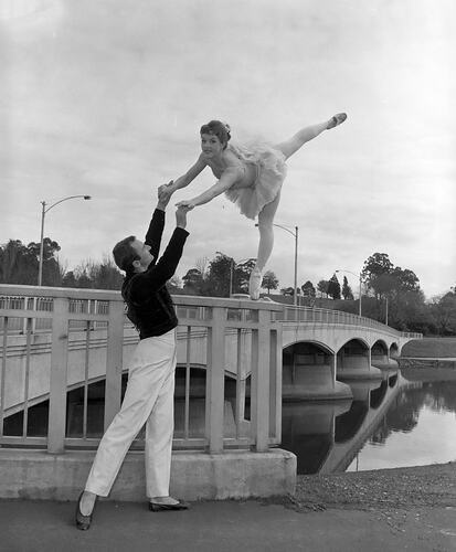Ballet Dancers, Swan Street Bridge, Richmond, Victoria, Sep 1957