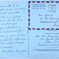 Aerogramme - To Mrs Ward from Mrs Edna Bampton, Glen Iris, Melbourne, 10 Oct 1961