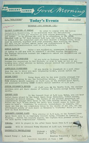 Information Sheet - P&O SS Stratheden, 'Today's Events', Indian Ocean, 23 Nov 1961