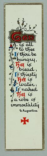 Religious quote in cursive writing on a bookmark.