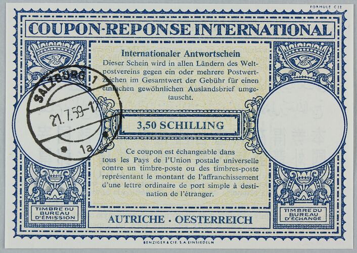 Postage Coupon - 'Coupon-Response International', Salzburg, Austria, 21 Jul 1959